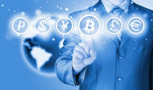 Choosing bitcoins, businessman pressing touch screen button.